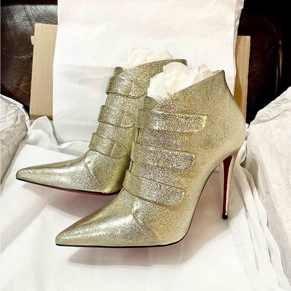 Christian Louboutin Triniboot ankle bootie, shiny gold supple leather EU38.5